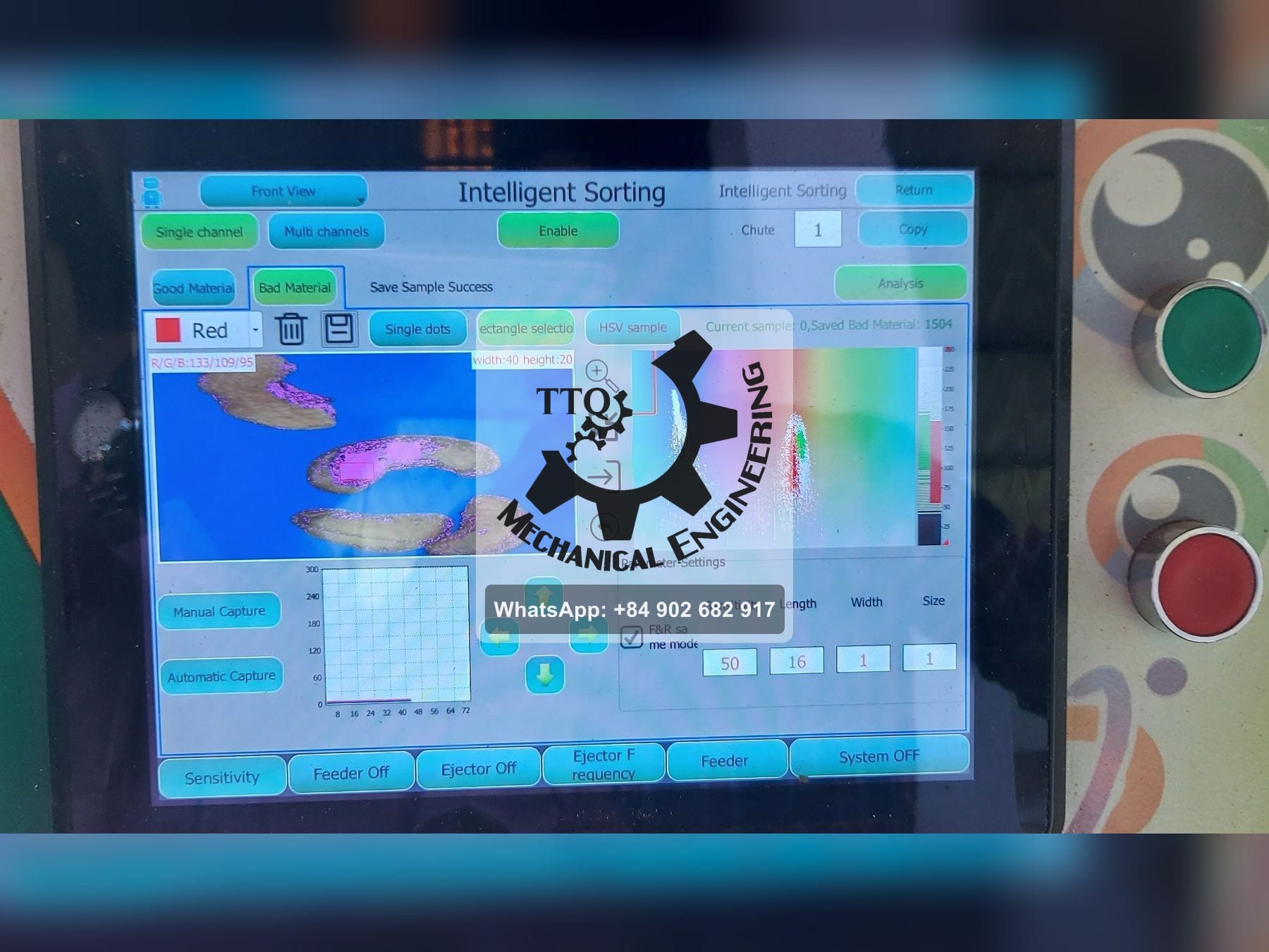 The sorter touchscreen showing kernels imaged against a blue background, an HSV colour cloud and sensitivity settings