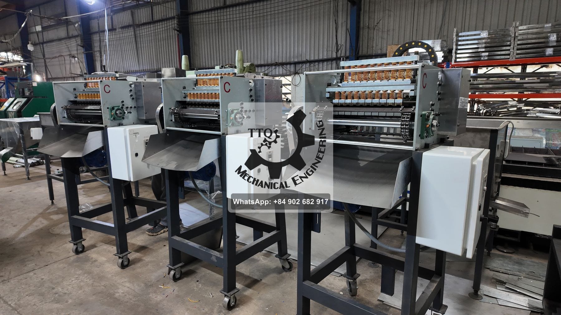 Control boxes on a row of cashew cutting machines in build