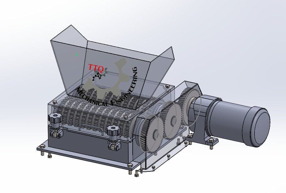 CAD assembly of the TTQ dicing rotor — two toothed shafts, gear drive and motor
